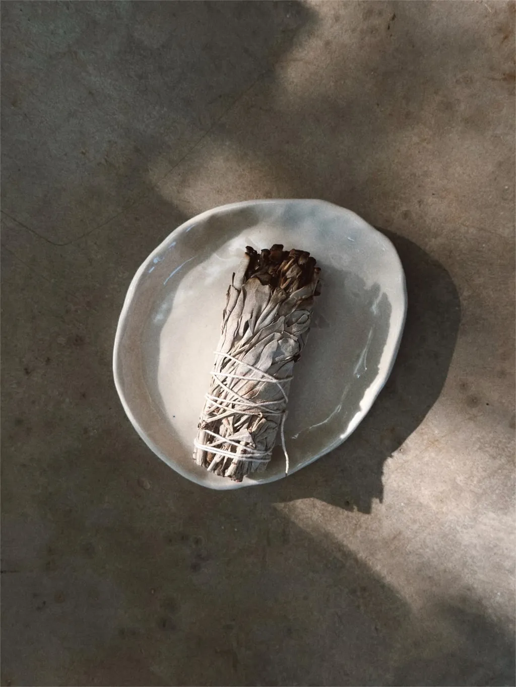 Pęczek białej szałwii na ceramicznym talerzyku, w plamach słońca
